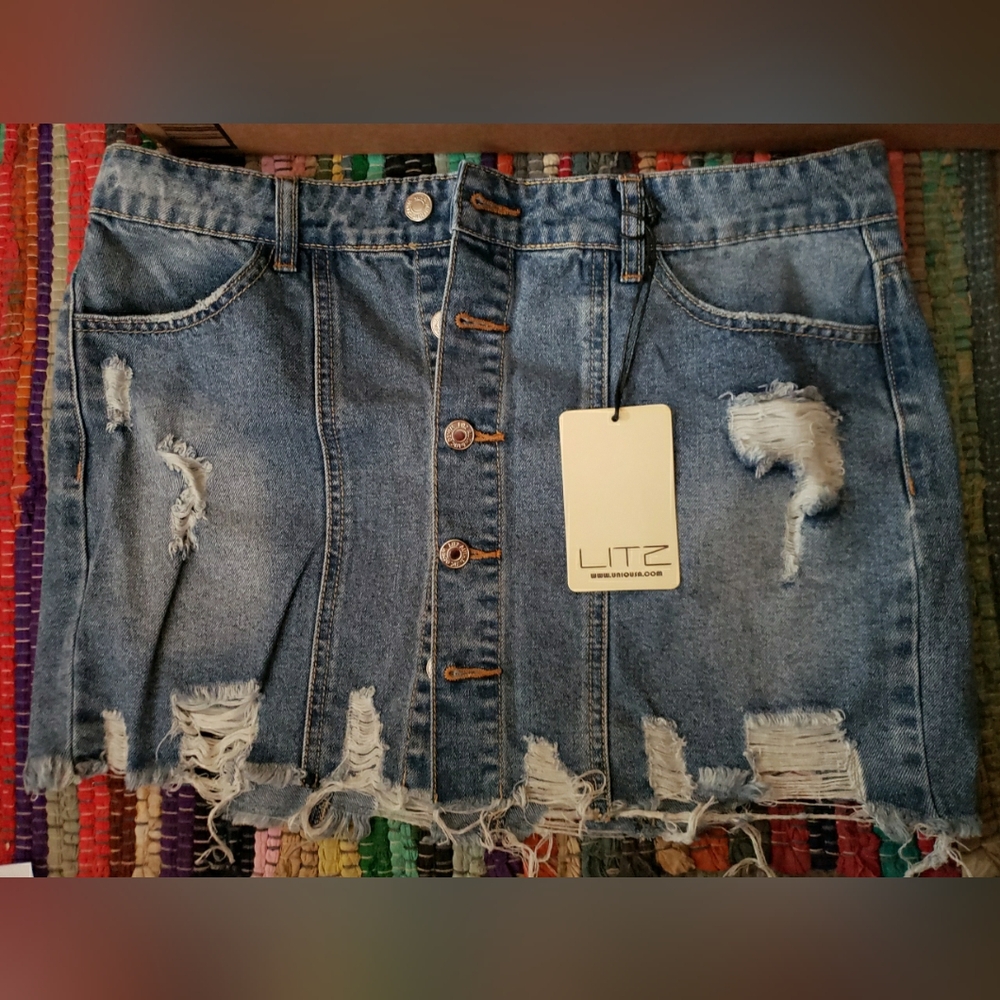 Y2K LIT2 Mini Jean Skirt Large Light Washed Distressed Denim Button Front NWT
